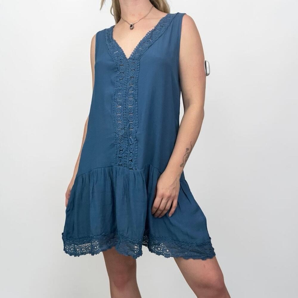 NWT Cupshe Sheer Blue Lace Trim Tiered Mini Dress